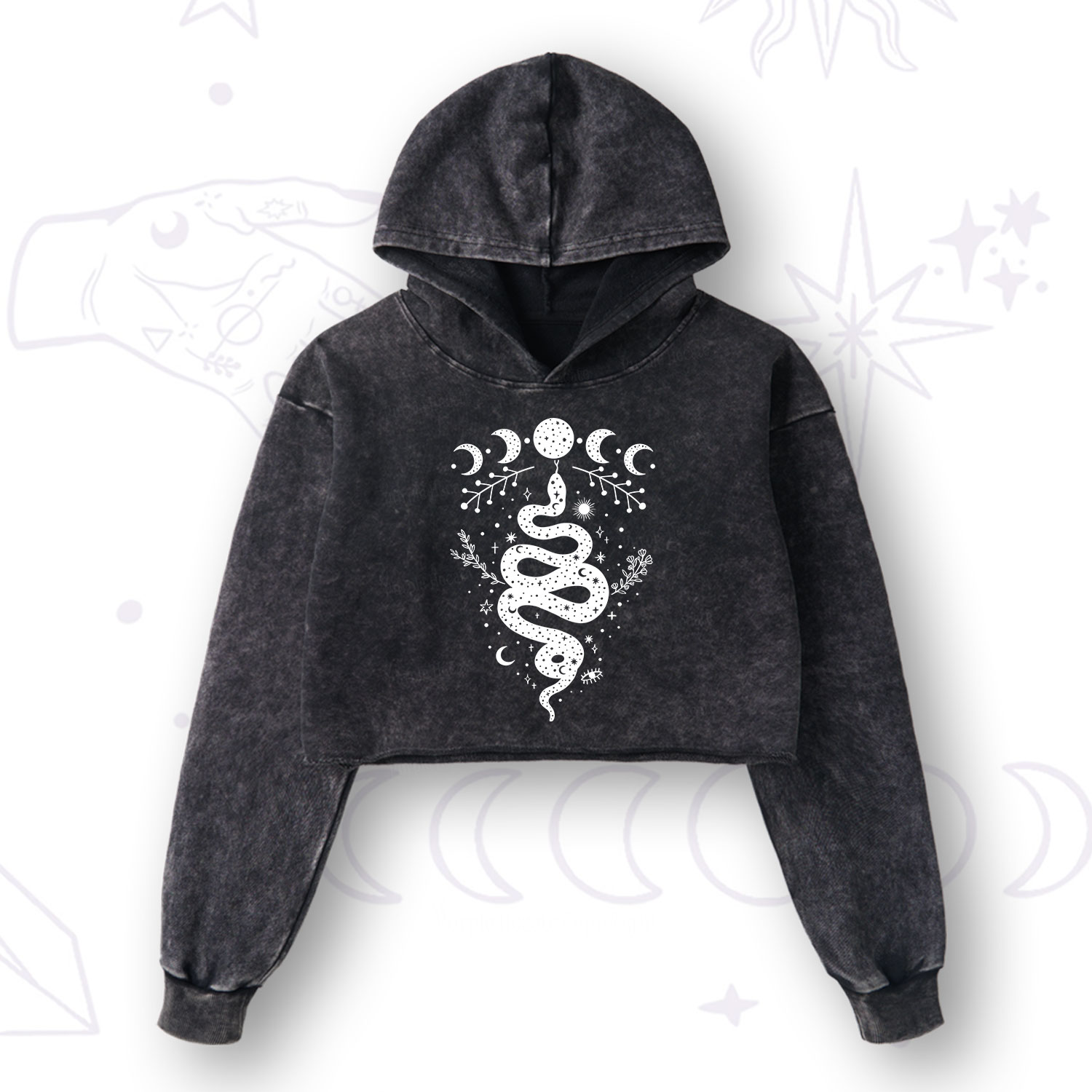 Purplehecate Snake And Moon Phase Comfort Washed Cropped Hoodie