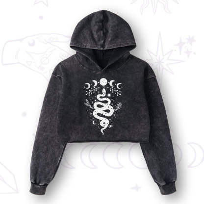 Purplehecate Snake And Moon Phase Comfort Washed Cropped Hoodie