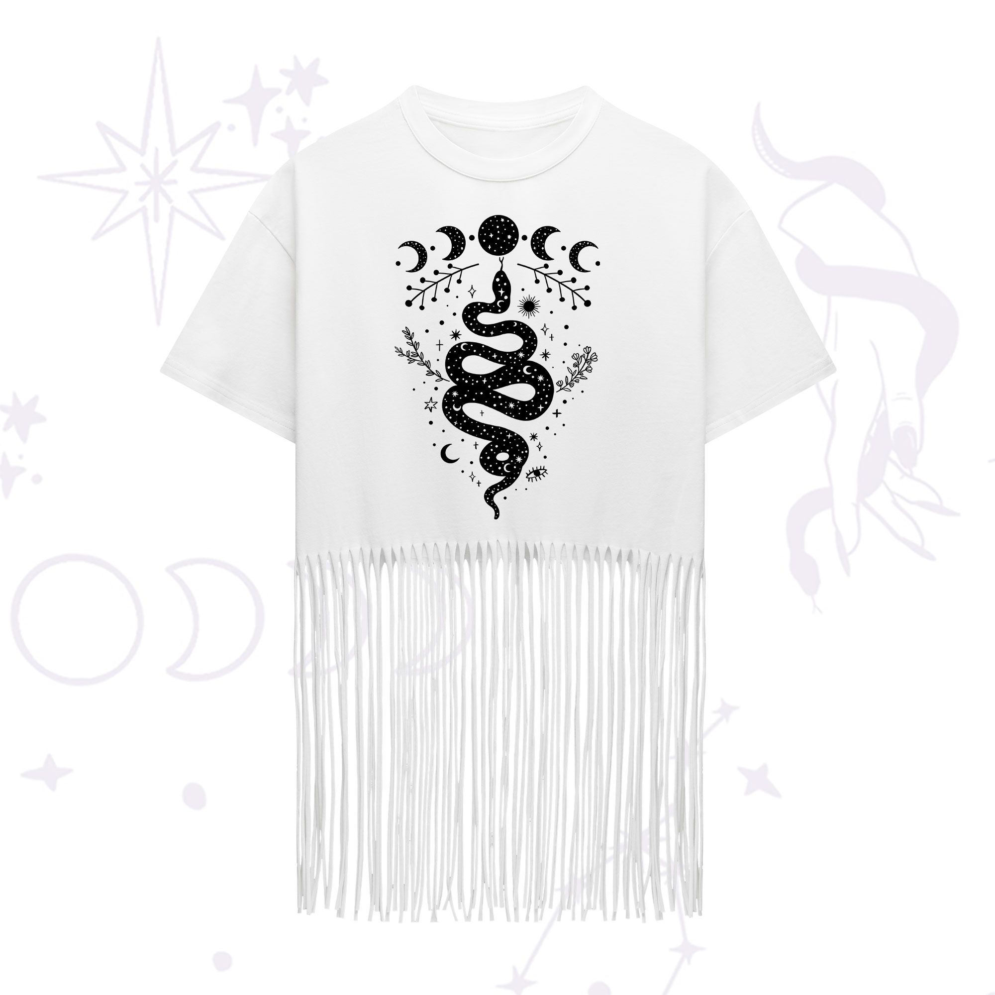 Purplehecate Snake And Moon Phase Comfort Fringe Hem T-Shirt