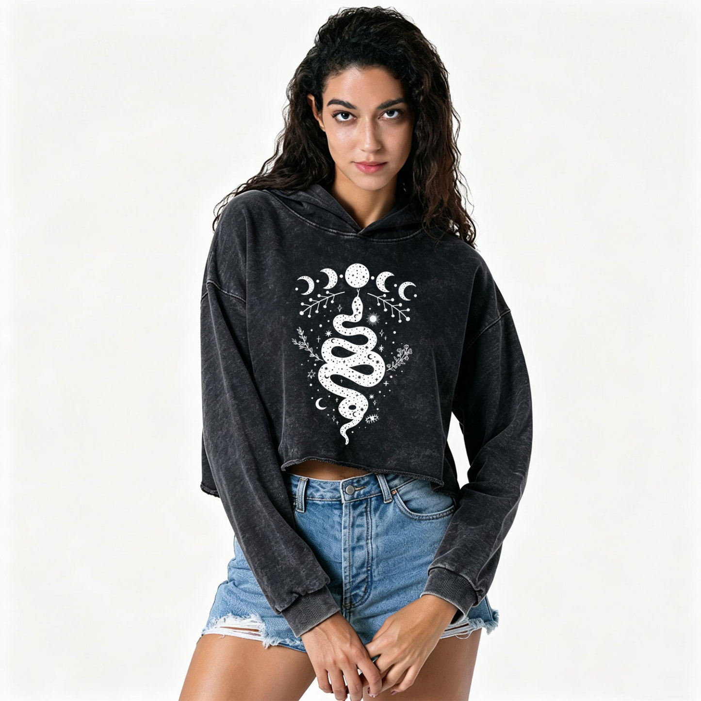 Purplehecate Snake And Moon Phase Comfort Washed Cropped Hoodie