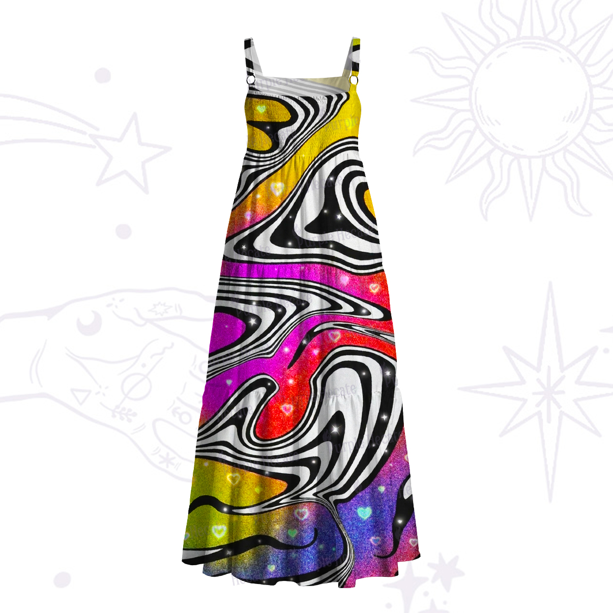 Purplehecate Liquid Psychedelic Rainbow Wide Straps Maxi Dress
