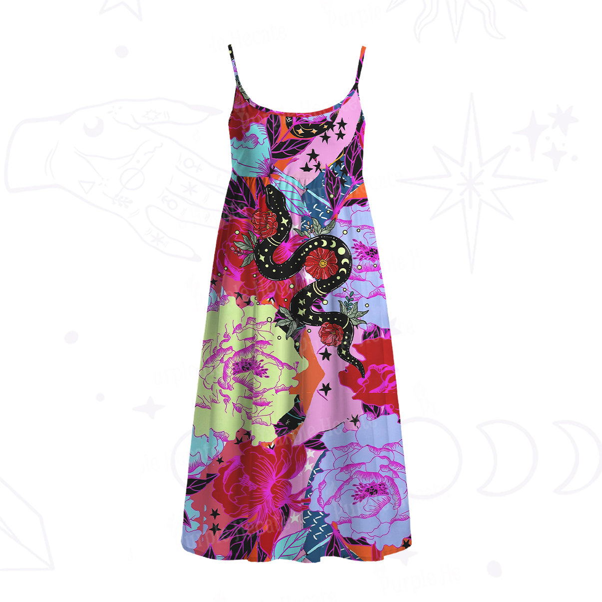 Purplehecate Enchanted Black Serpent & Floral Pattern Spaghetti Strap Midi Dress