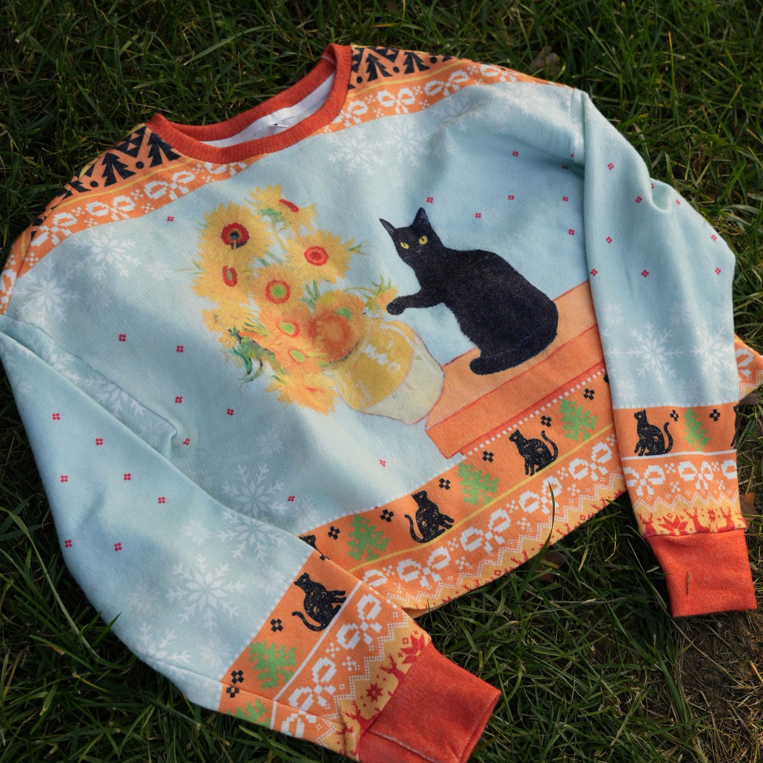 Purplehecate Sunflower Cat Crop Fuzzy Ugly Sweatshirt