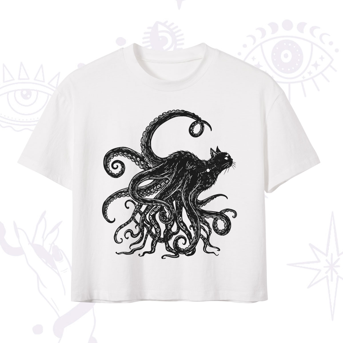 Purplehecate Black Cat with Octopus Tentacles Crop T-Shirt