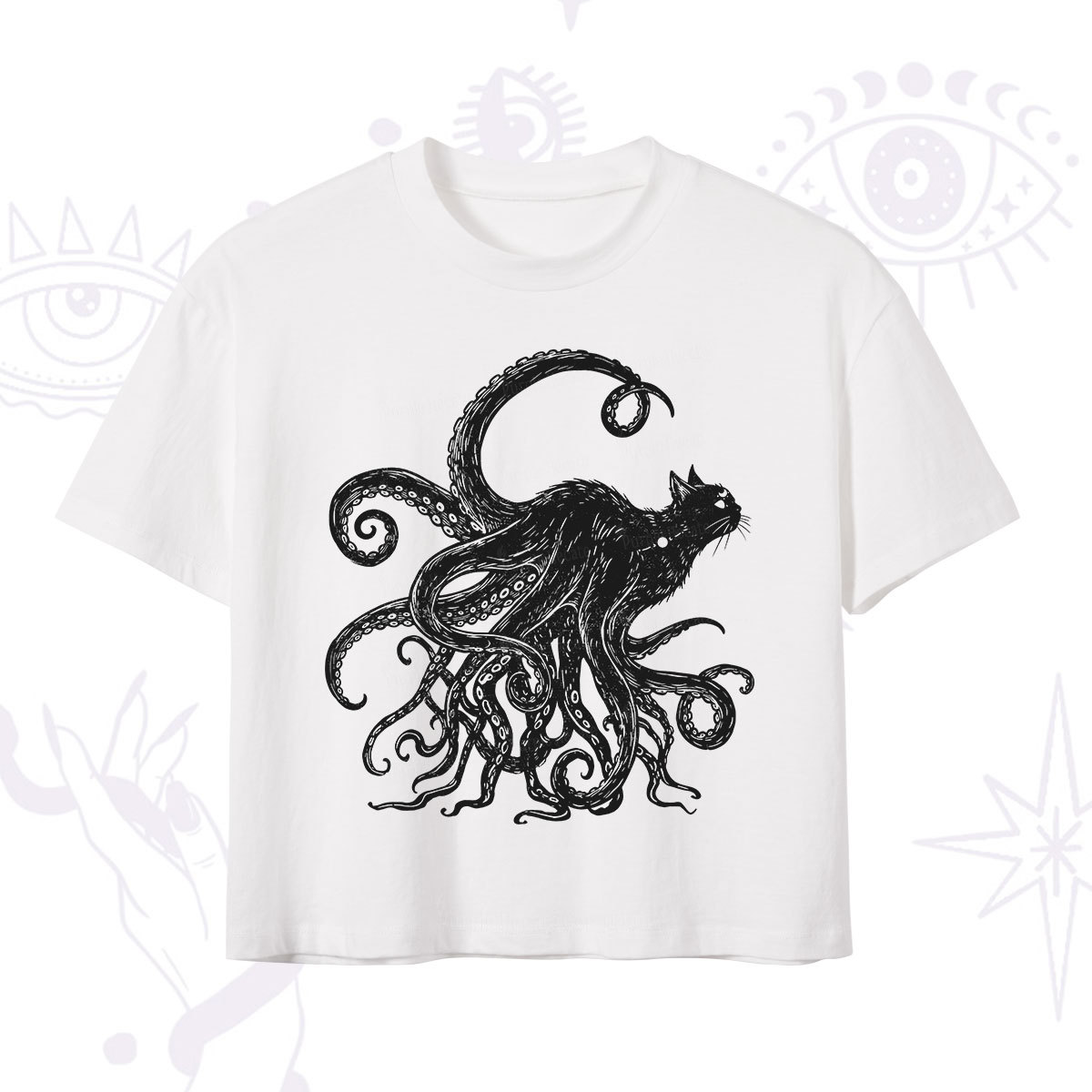 Purplehecate Black Cat with Octopus Tentacles Crop T-Shirt
