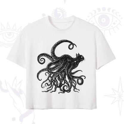 Purplehecate Black Cat with Octopus Tentacles Crop T-Shirt