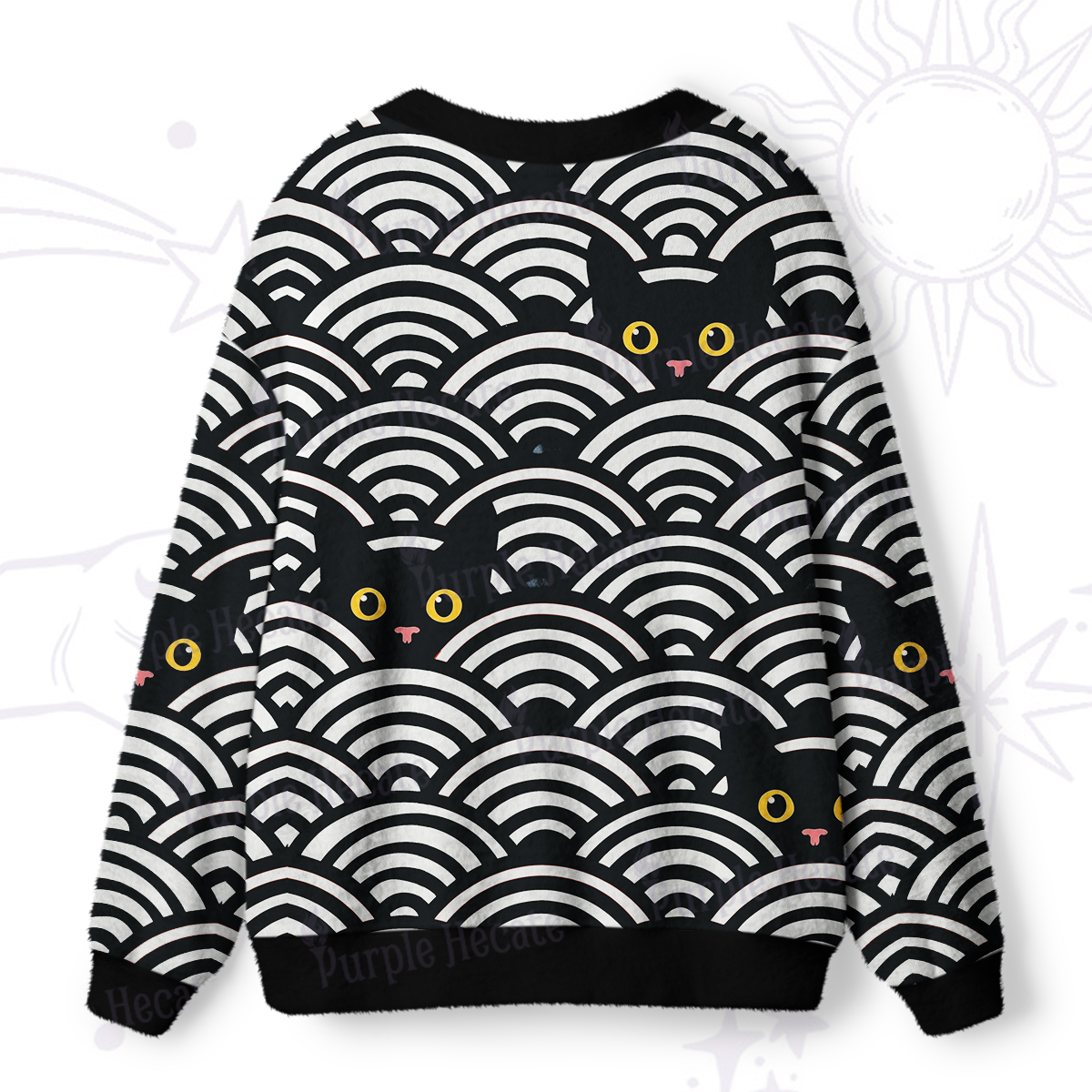 Purplehecate Rainbow Black Cat Waves Ugly Cardigan Sweaters
