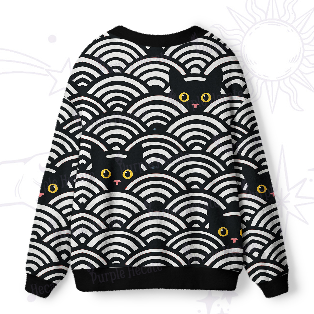 Purplehecate Rainbow Black Cat Waves Ugly Cardigan Sweaters