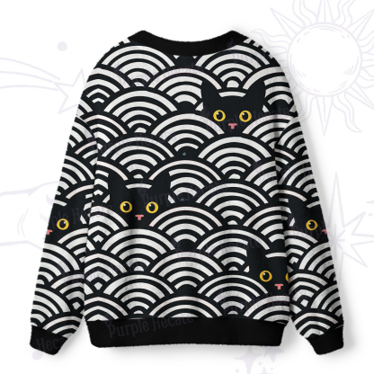Purplehecate Rainbow Black Cat Waves Ugly Cardigan Sweaters