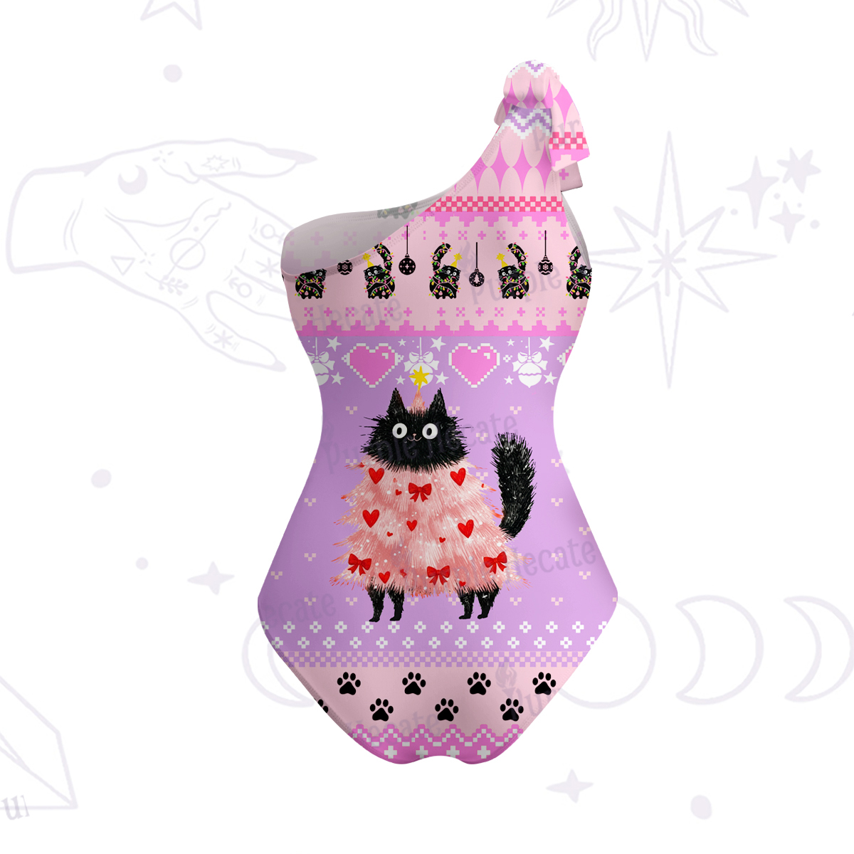 Purplehecate Funny Black Cat in Tree One-Shoulder One-Piece Swimsuit