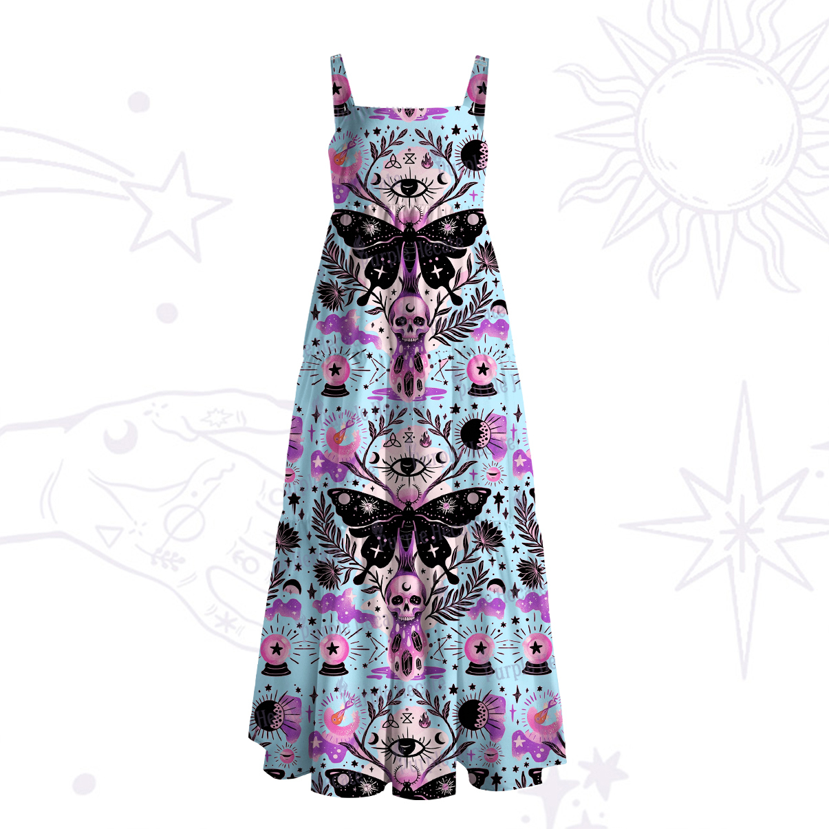 Purplehecate Whispers of the Death's-head Mot Wide Straps Maxi Dress