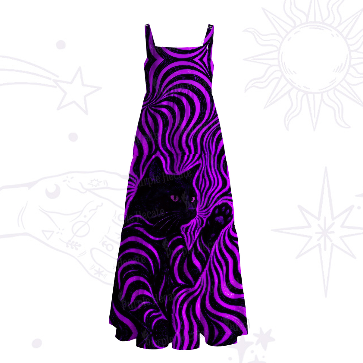 Purplehecate Psychedelic Cat Wide Straps Maxi Dress