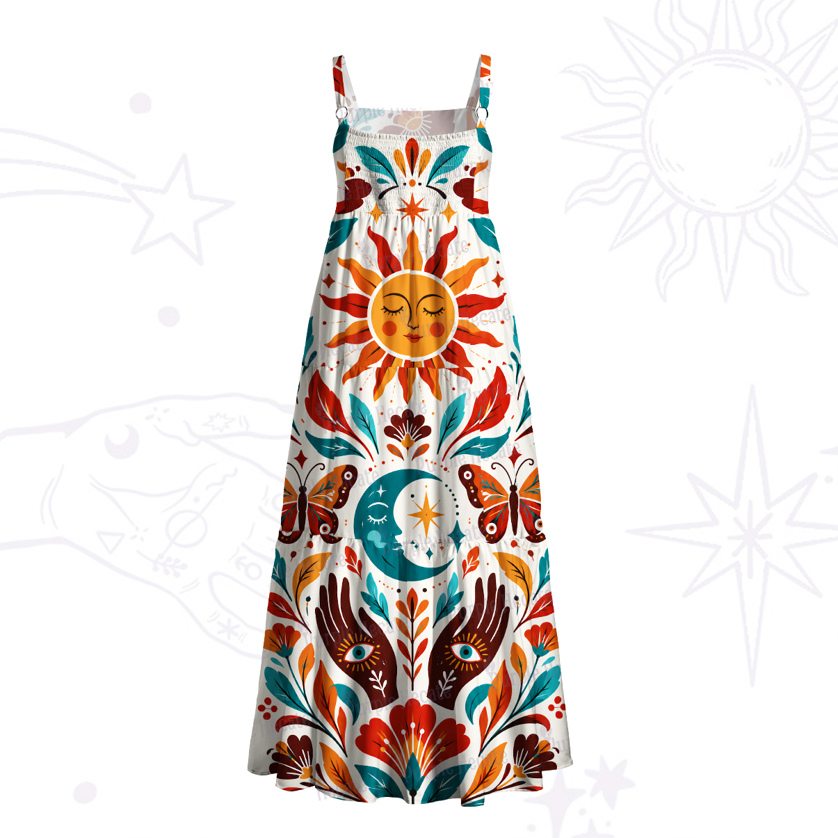 Purplehecate Mystic Sunflower Moon BohemianWide Straps Maxi Dress
