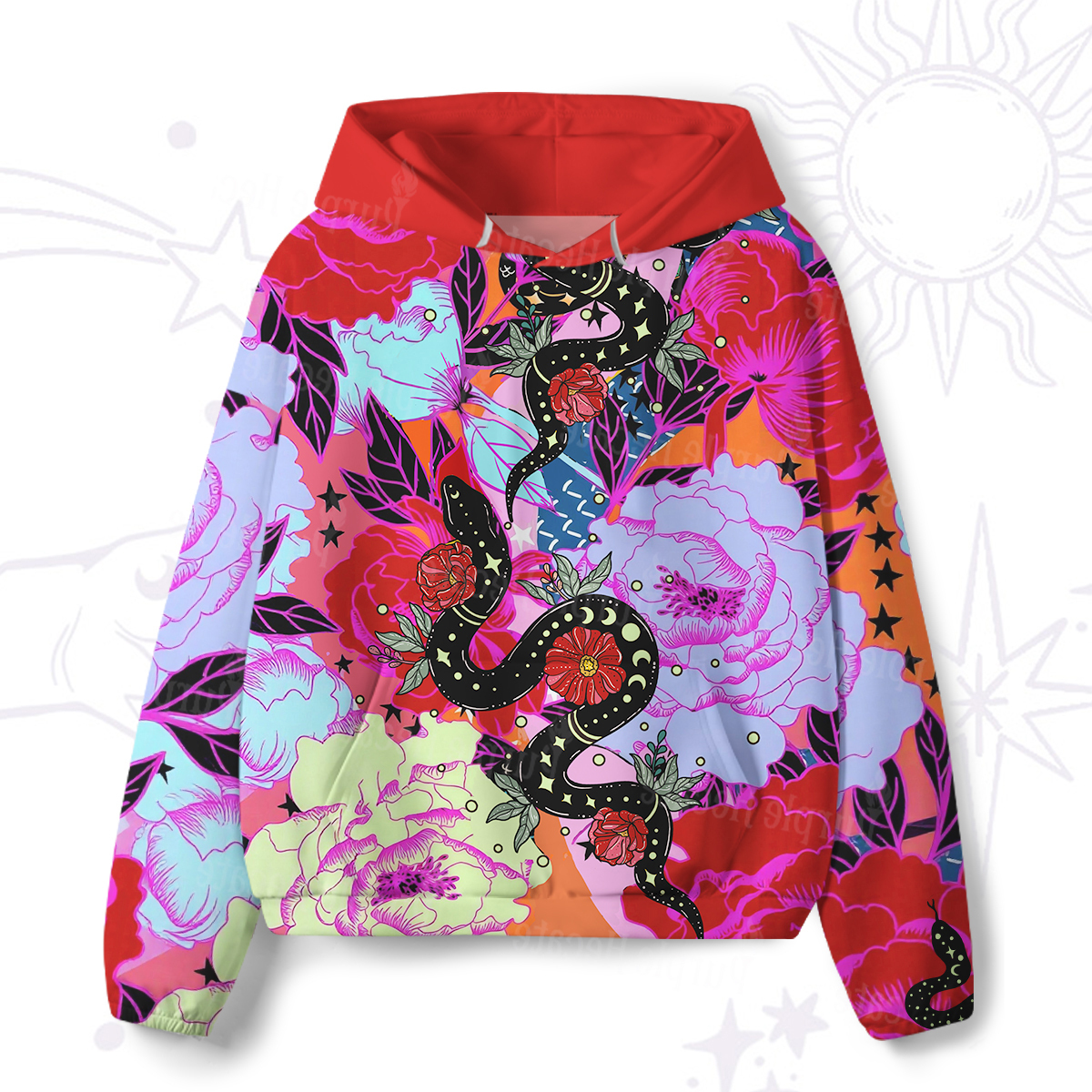 Purplehecate Enchanted Black Serpent & Floral Pattern All-Over Print Hoodie