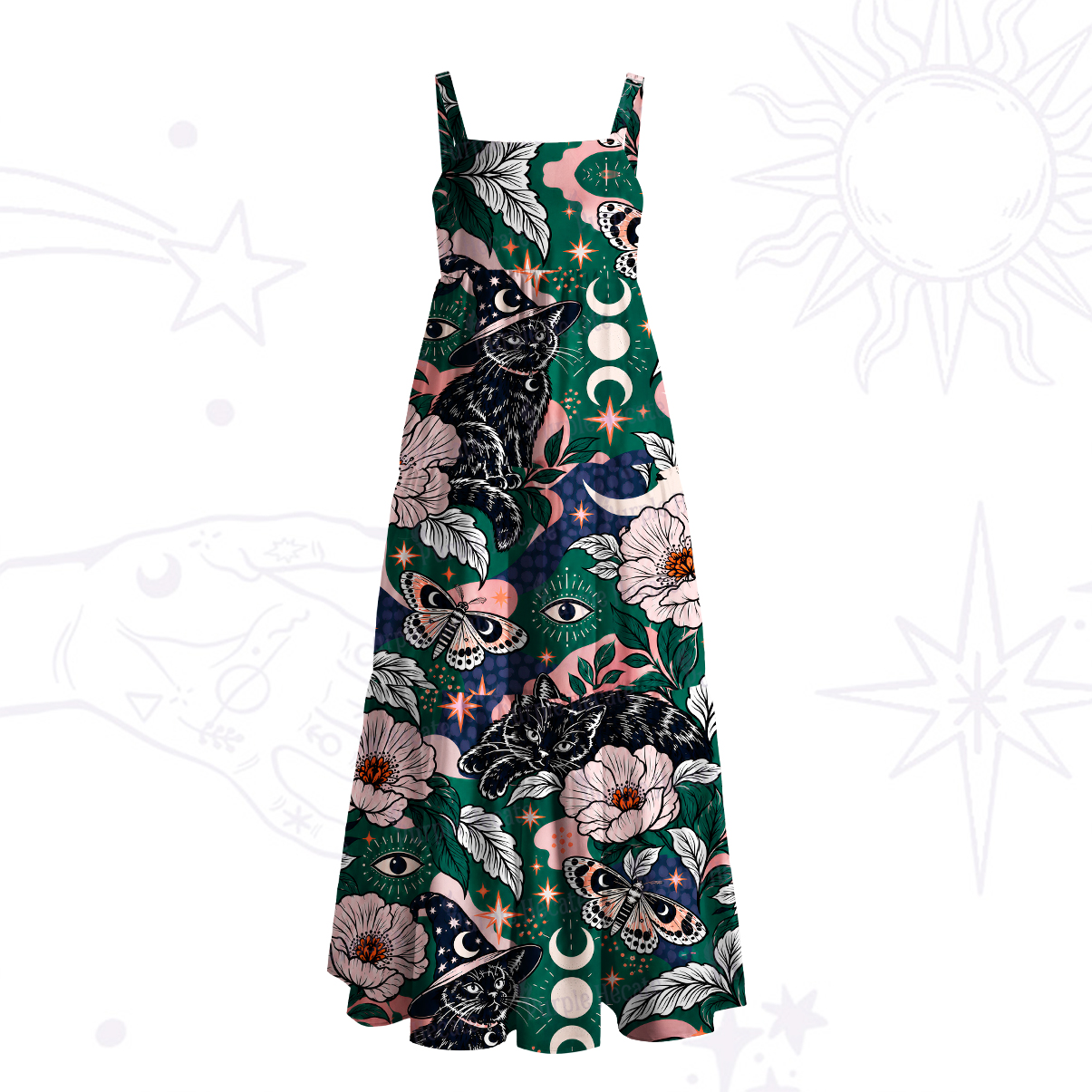 Purplehecate Witch Cat Moon Wide Straps Maxi Dress