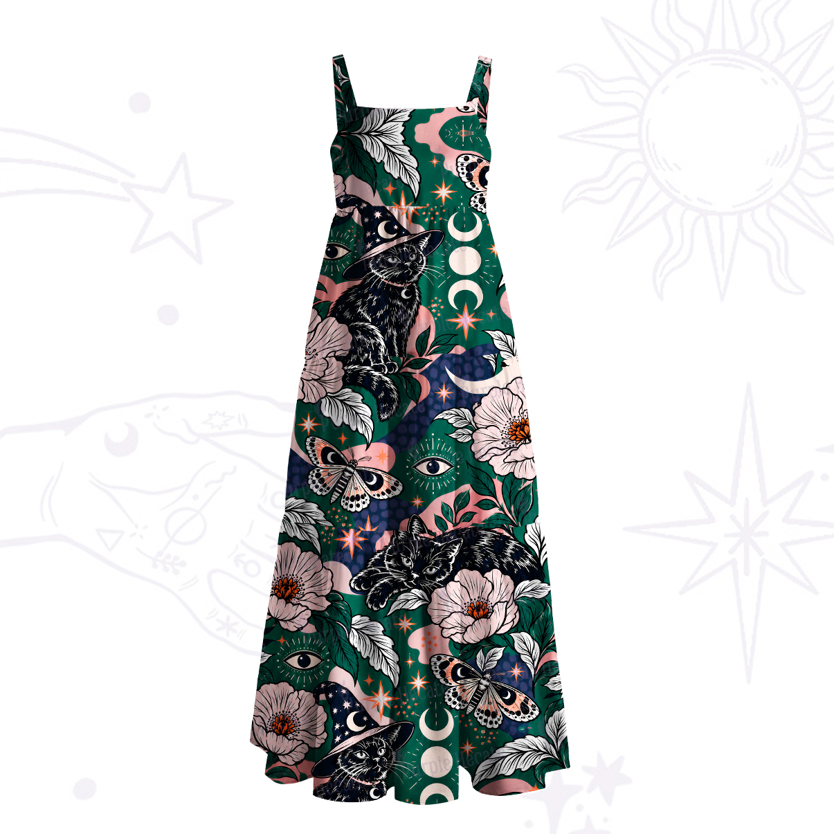 Purplehecate Witch Cat Moon Wide Straps Maxi Dress