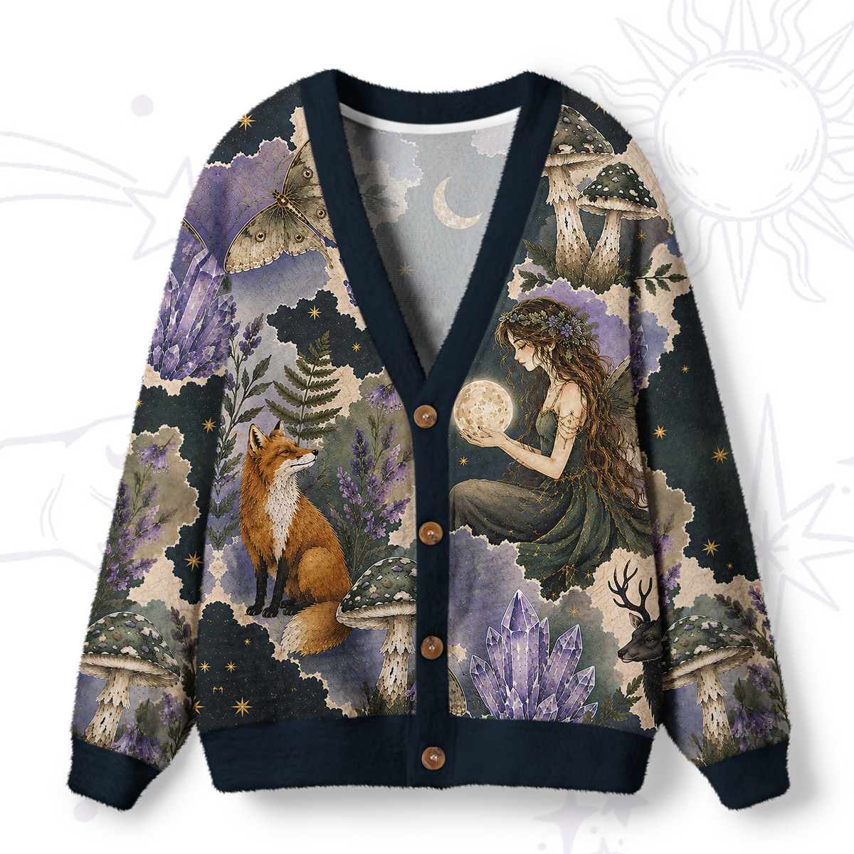 Purplehecate Enchanted Woodland Fox Forest Witch Ugly Cardigan Sweaters