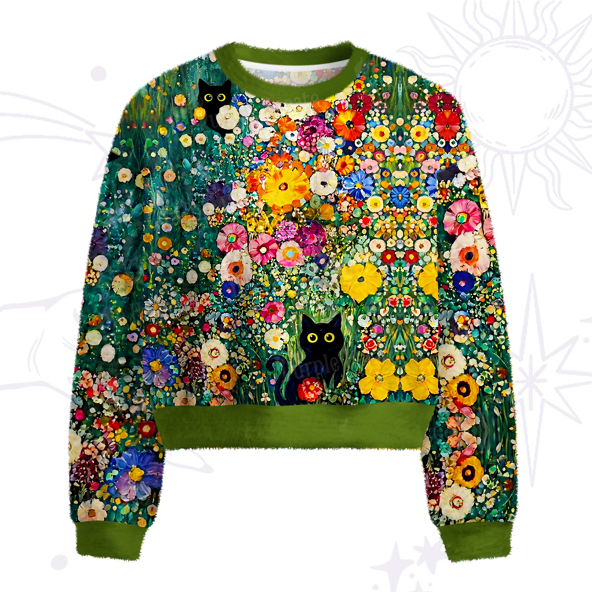 Purplehecate Fluffy Black Cat in Colorful Flower Field Fuzzy Crewneck Sweater
