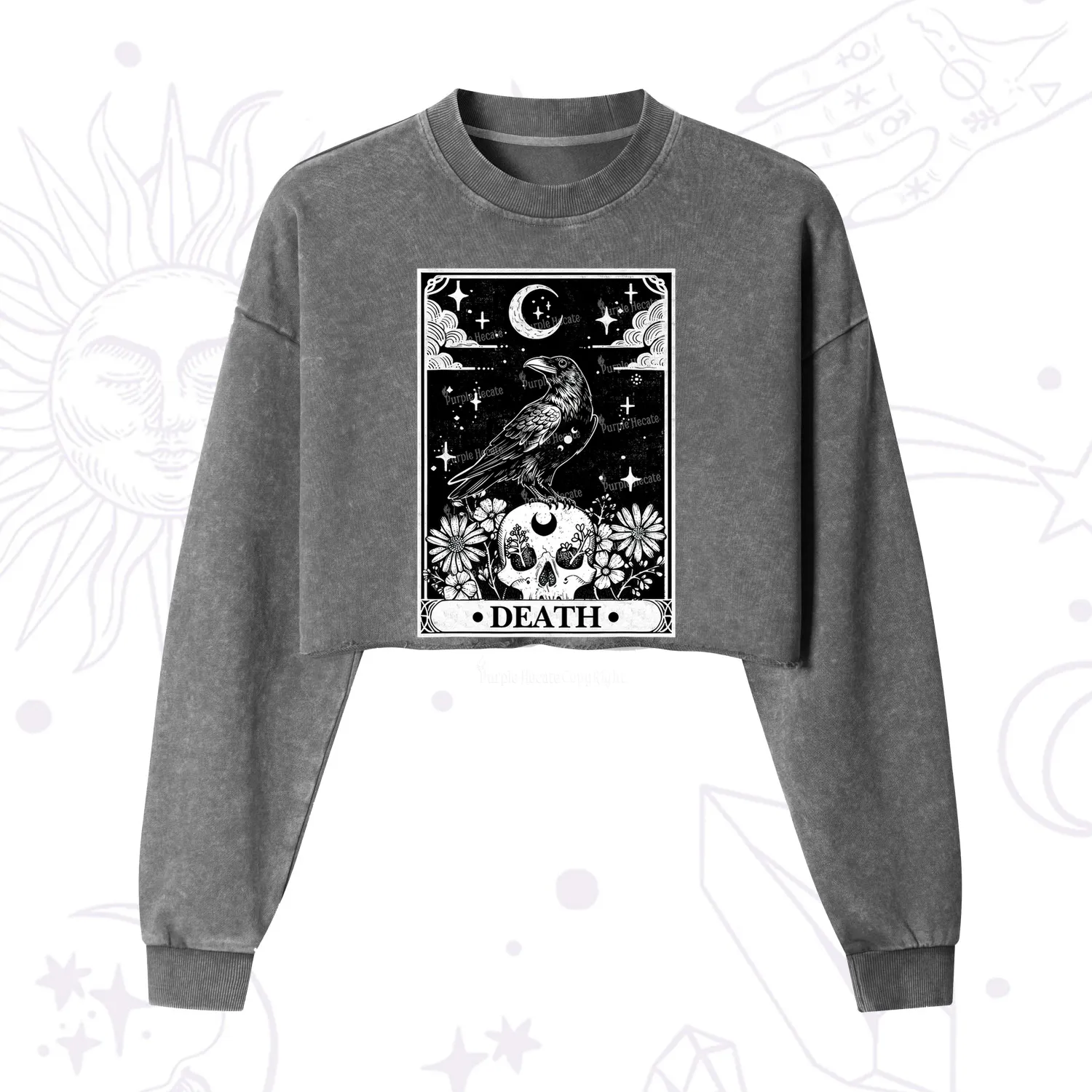 Purplehecate The Crow Death Tarot Cropped Washed Sweatshirt