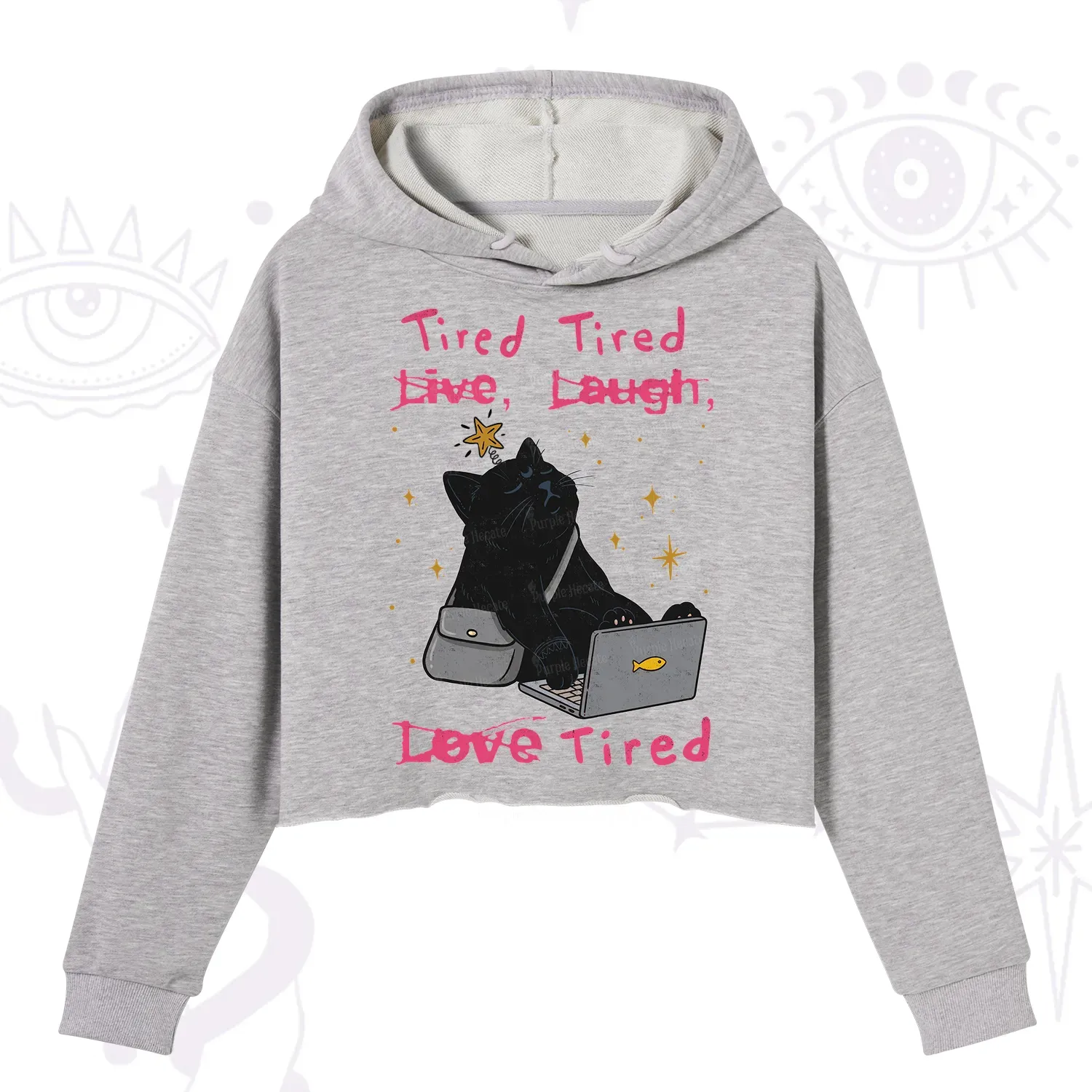 Purplehecate Tired Cat Crop Hoodie