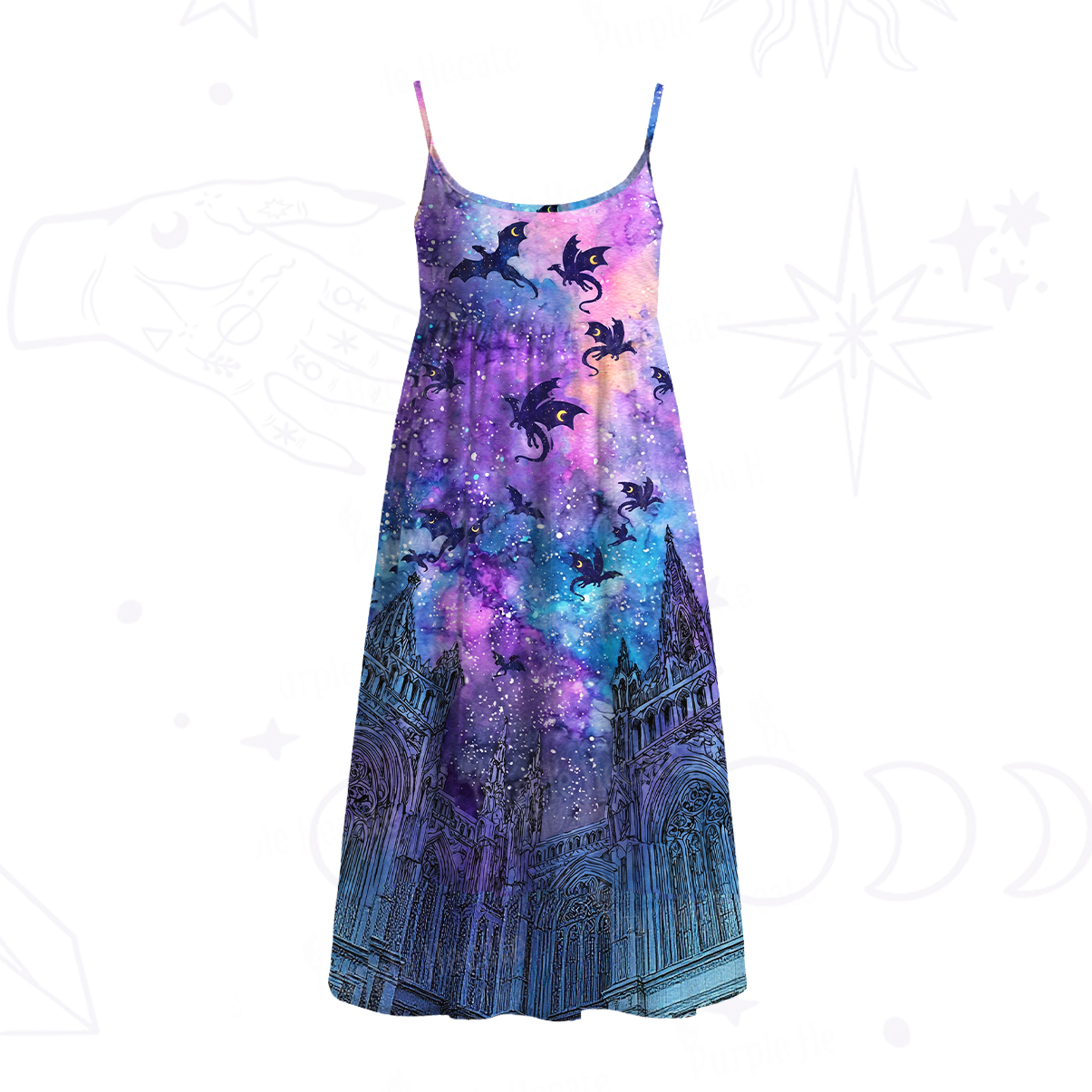 Purplehecate Cosmic Dragon Gothic Cathedra Spaghetti Strap Midi Dress