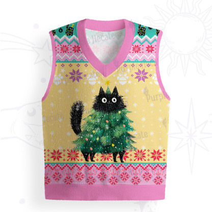 Purplehecate Funny Black Cat in Tree Ugly Sweater Vest