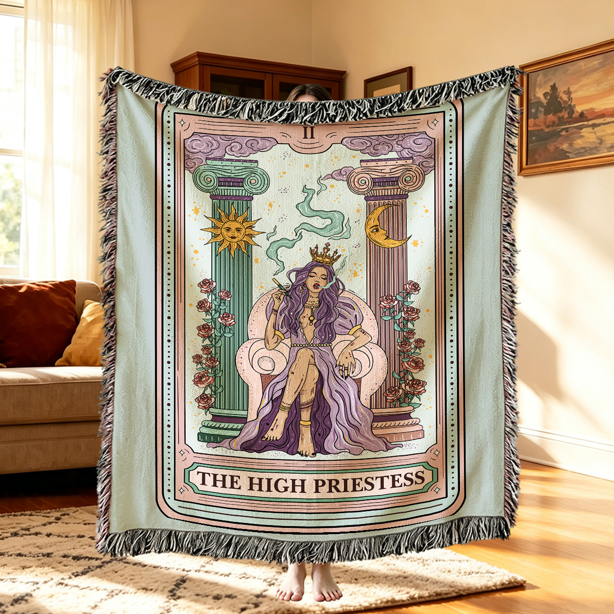 Purplehecate The High Priestess Tarot Card Woven Tapestry Blanket