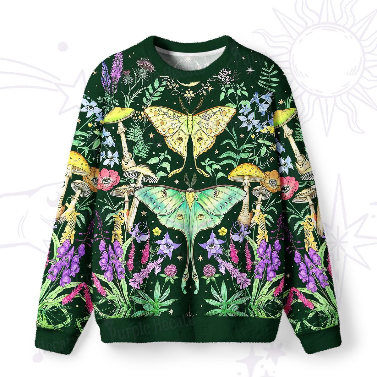 Purplehecate Mystic Lunar Moth Herbal Forest Fuzzy Ugly Sweatshirt