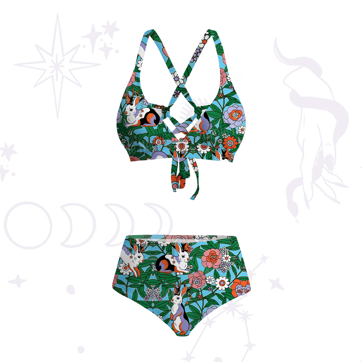 Purplehecate Mystic Blossom Bunny Garden Crisscross Tie-Back Bikini Set