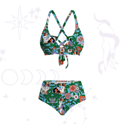 Purplehecate Mystic Blossom Bunny Garden Crisscross Tie-Back Bikini Set