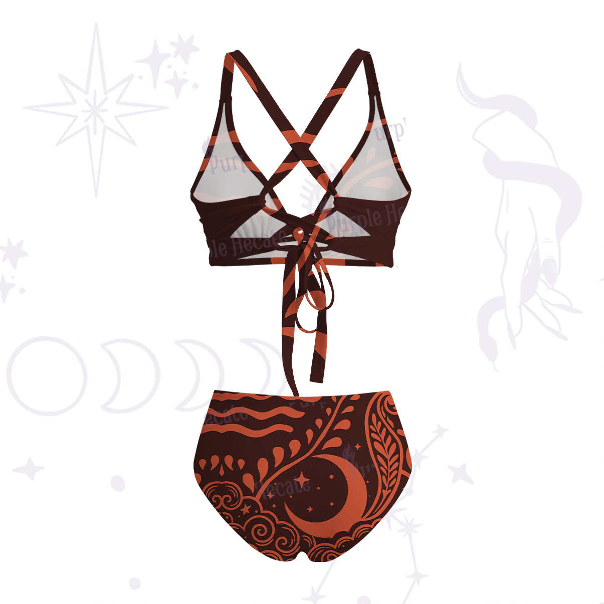 Purplehecate Celestial Sun Moon Waves Crisscross Tie-Back Bikini Set