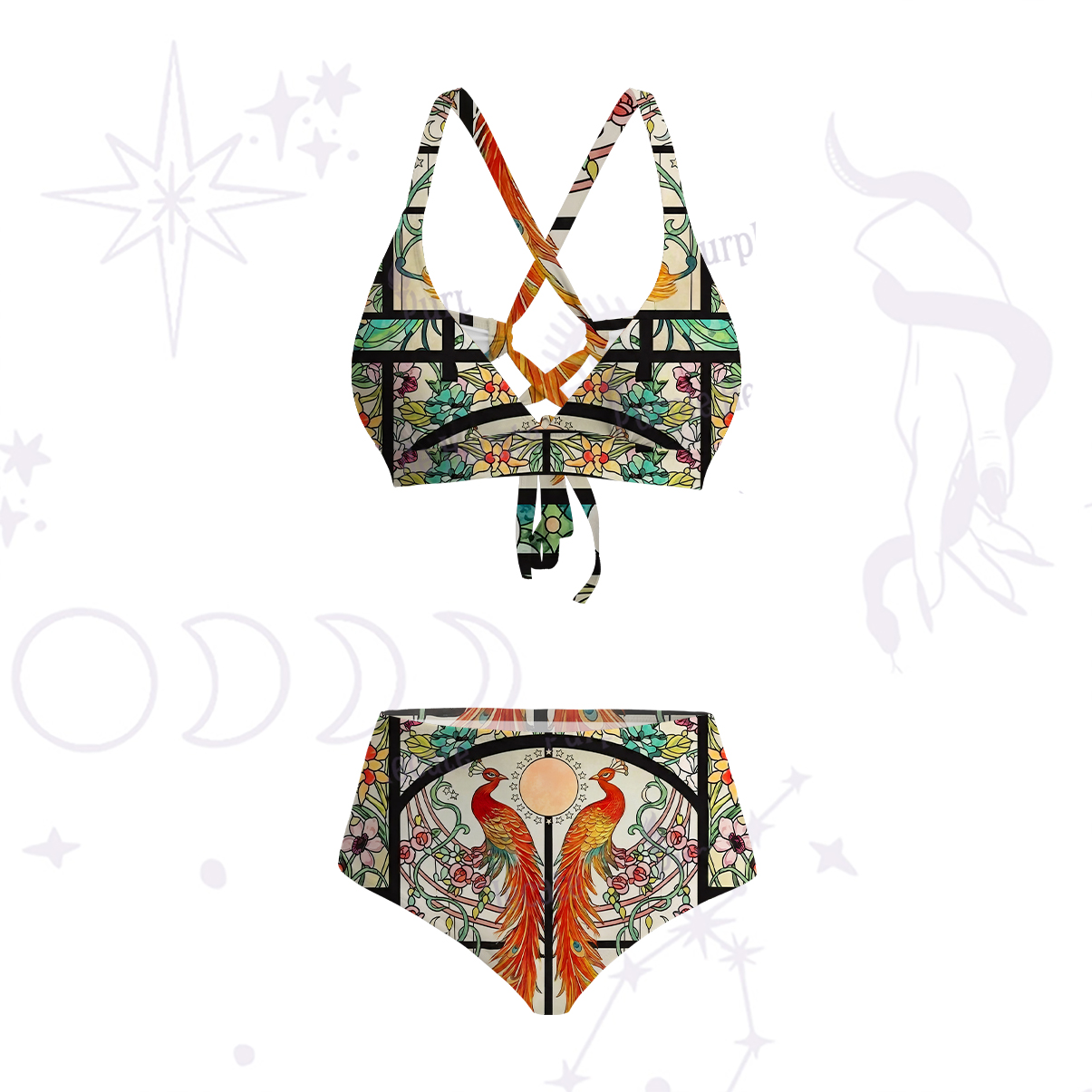 Purplehecate Mystic Peacock Stained Glass Crisscross Tie-Back Bikini Set