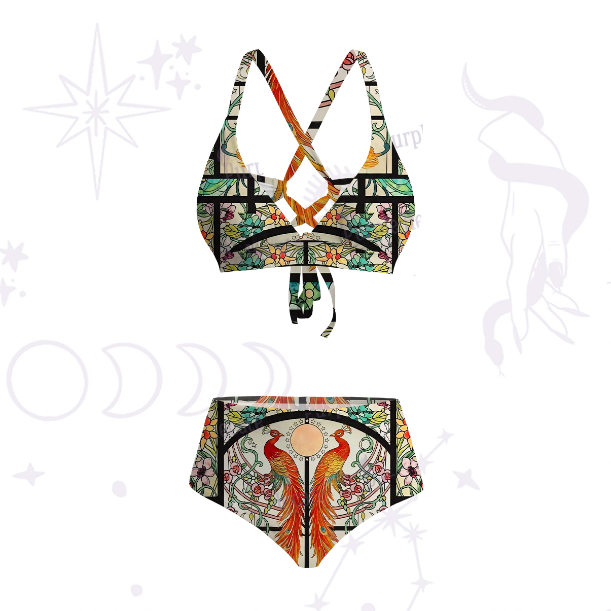 Purplehecate Mystic Peacock Stained Glass Crisscross Tie-Back Bikini Set