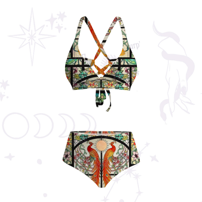 Purplehecate Mystic Peacock Stained Glass Crisscross Tie-Back Bikini Set