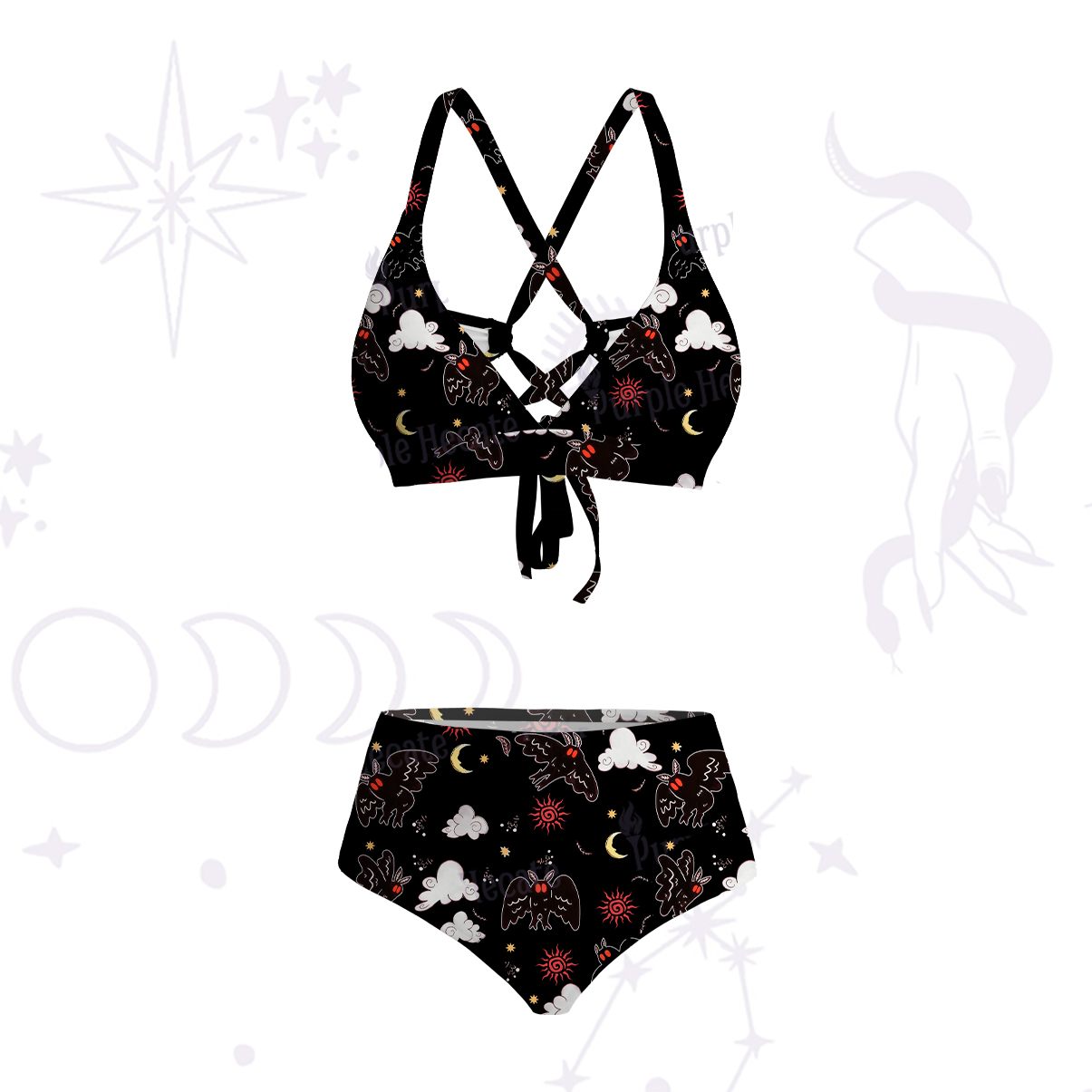 Purplehecate Cryptid Mothman Crisscross Tie-Back Bikini Set