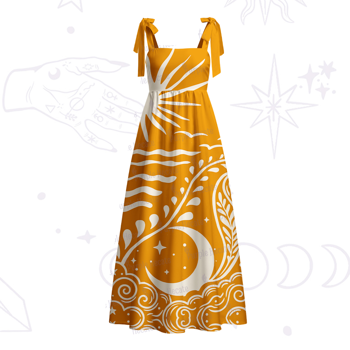 Purplehecate Celestial Sun Moon Waves Tie Shoulder Maxi Dress