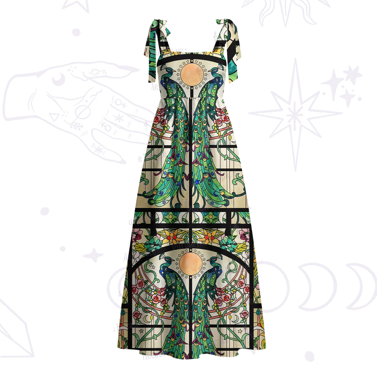Purplehecate Mystic Peacock Stained Glass Tie Shoulder Maxi Dress