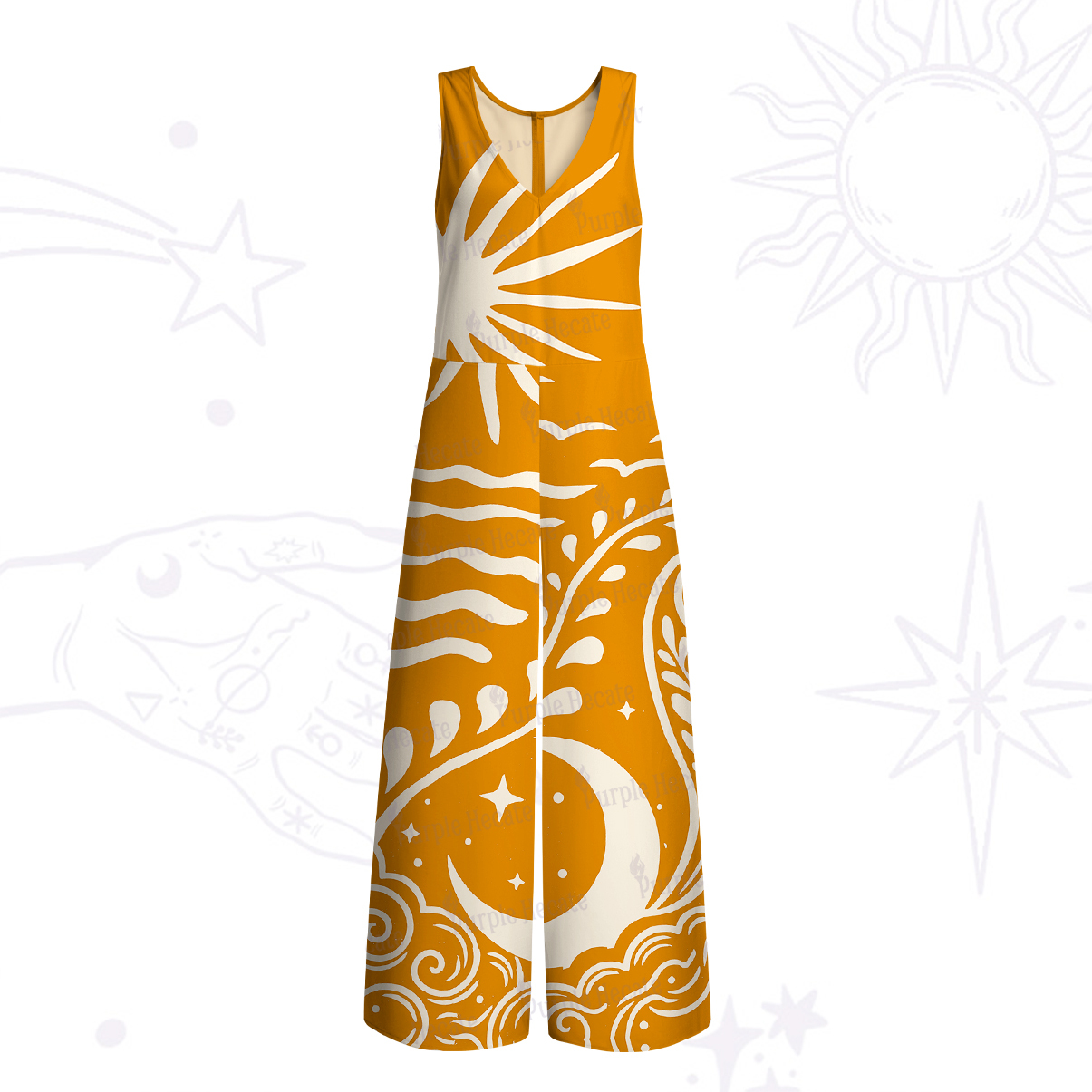 Purplehecate Celestial Sun Moon Waves Wide Leg Jumpsuit