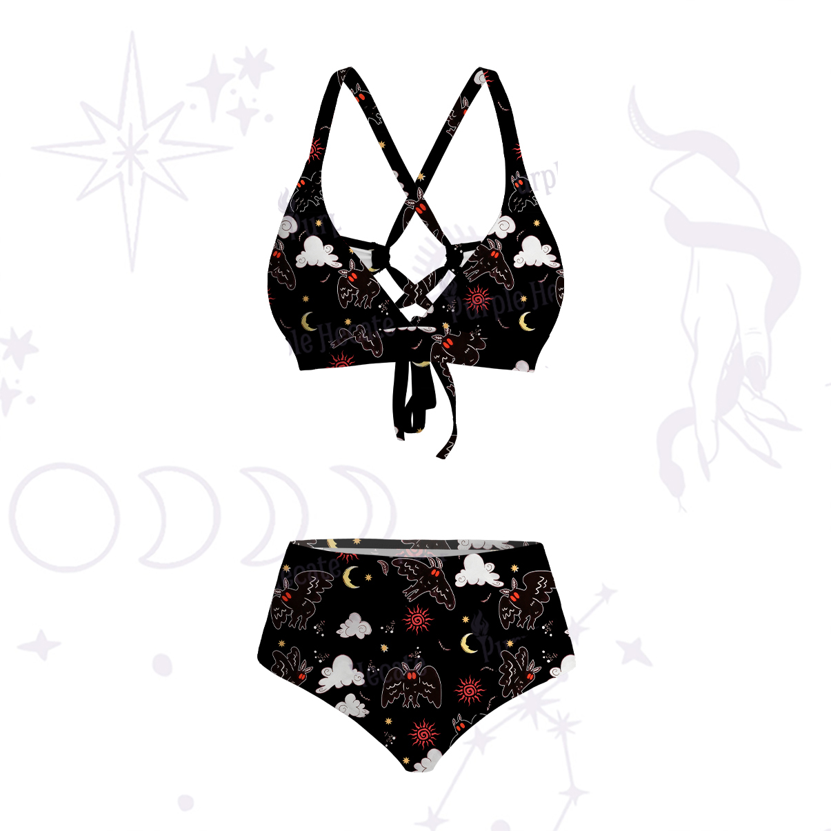 Purplehecate Cryptid Mothman Crisscross Tie-Back Bikini Set