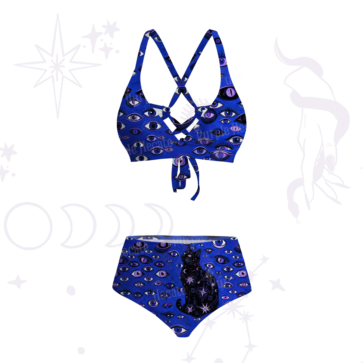 Purplehecate Cosmic Watcher Cat Crisscross Tie-Back Bikini Set