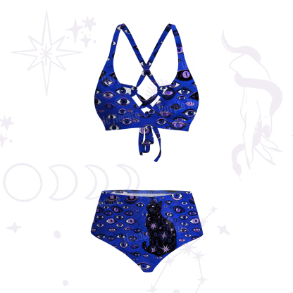 Purplehecate Cosmic Watcher Cat Crisscross Tie-Back Bikini Set