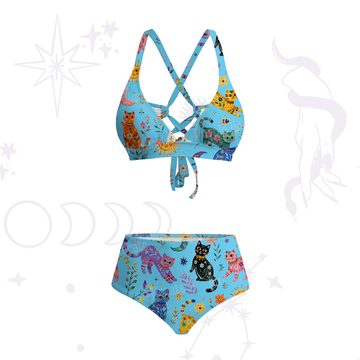 Purplehecate Rainbow Magic Cats Crisscross Tie-Back Bikini Set