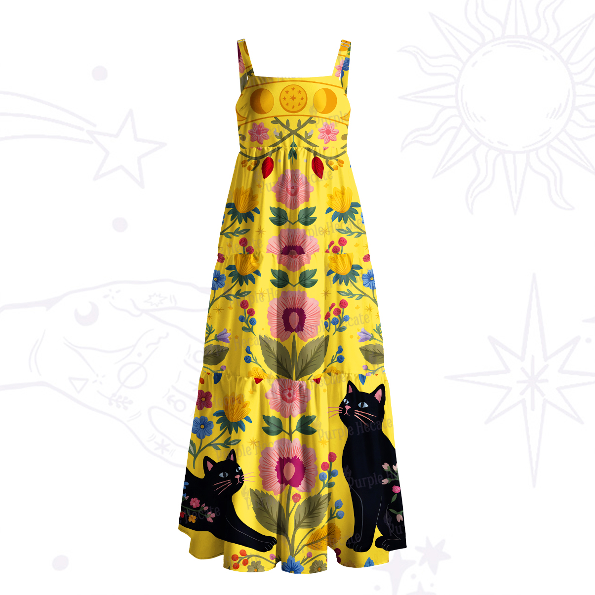 Purplehecate Moonlit Magic Garden Black Cat Wide Straps Maxi Dress