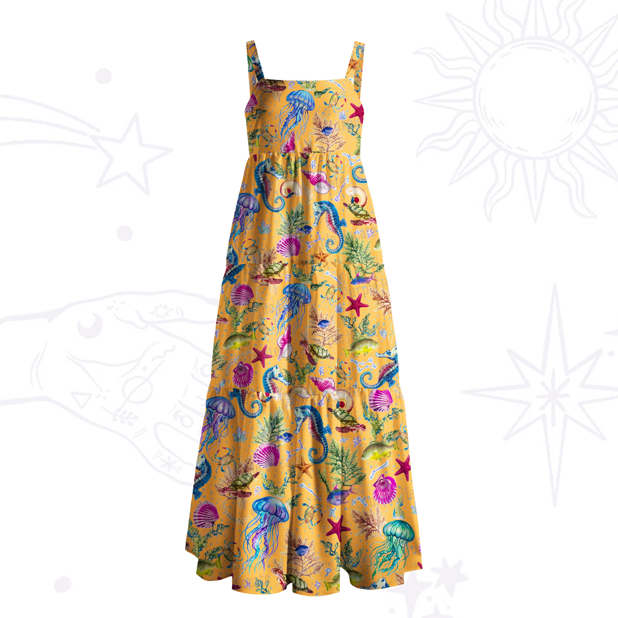 Purplehecate Seahorse & Jellyfish Paradise Wide Straps Maxi Dress