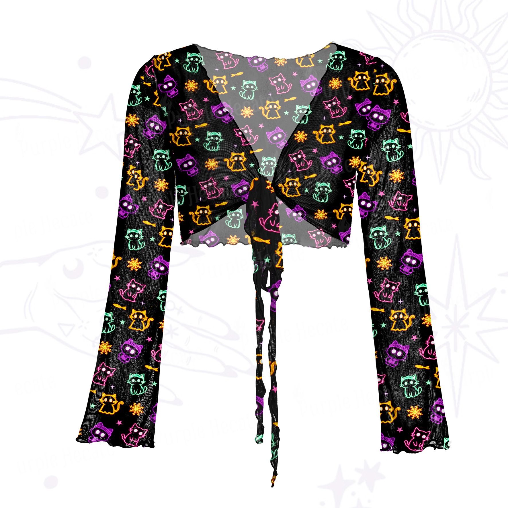 Purplehecate Neon Cat Party Mesh Tie Front Top