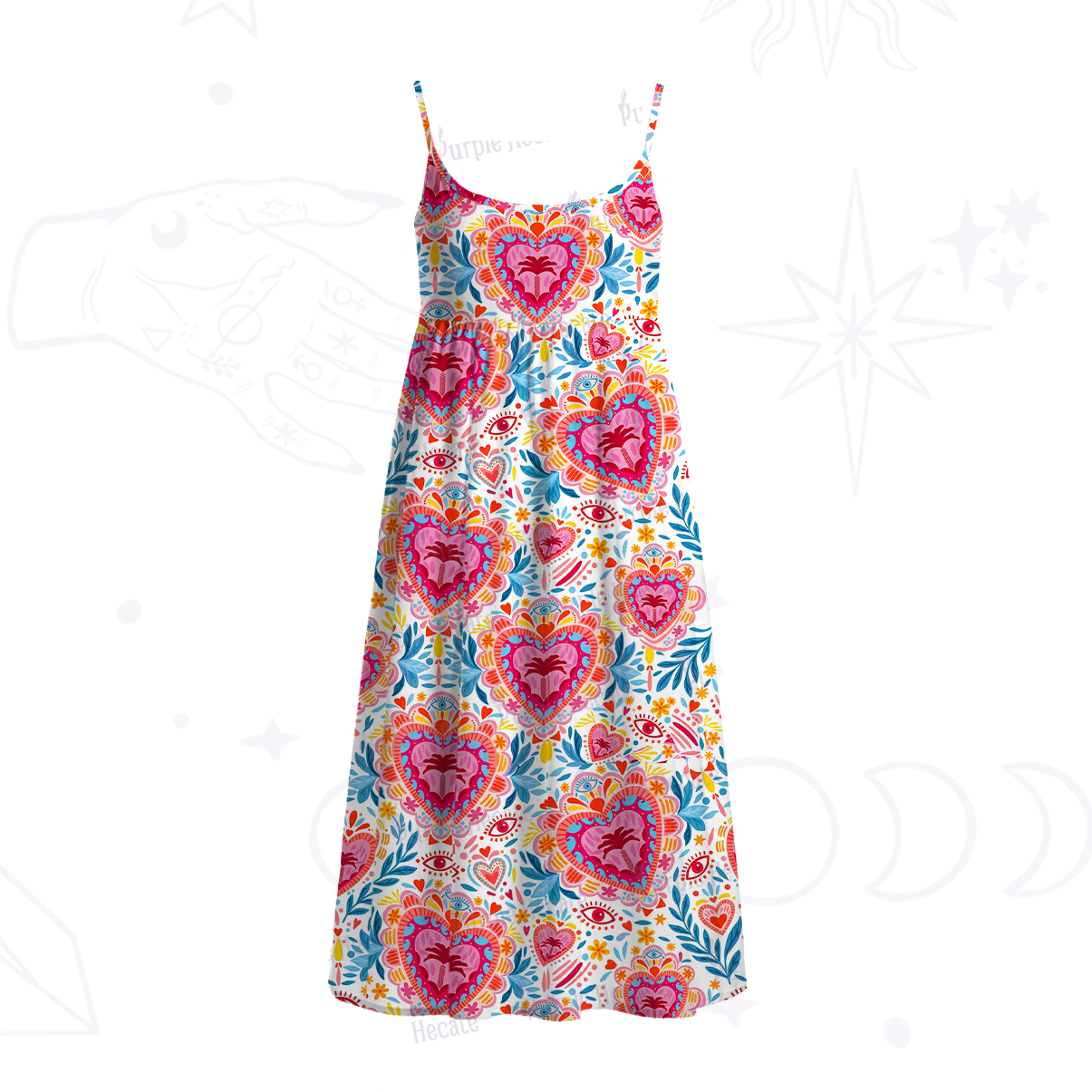 Purplehecate Sacred Bloom Spaghetti Strap Midi Dress
