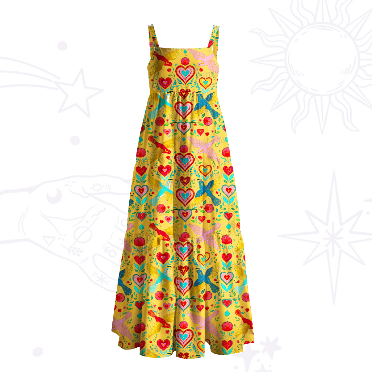 Purplehecate Sacred Hearts Spirit Birds Wide Straps Maxi Dress