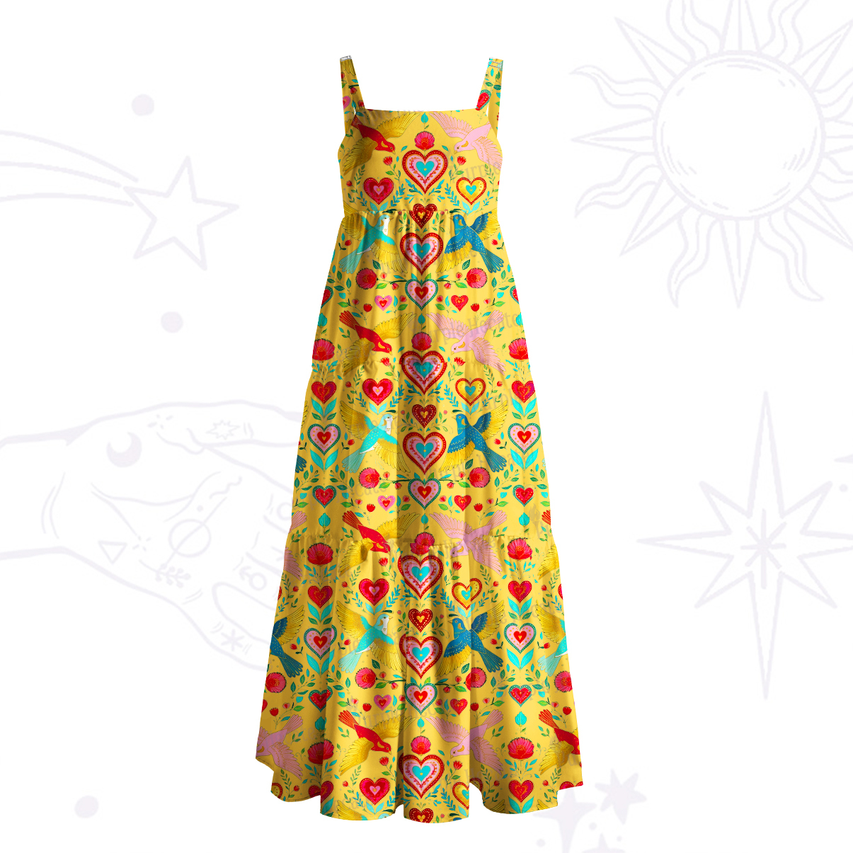 Purplehecate Sacred Hearts Spirit Birds Wide Straps Maxi Dress