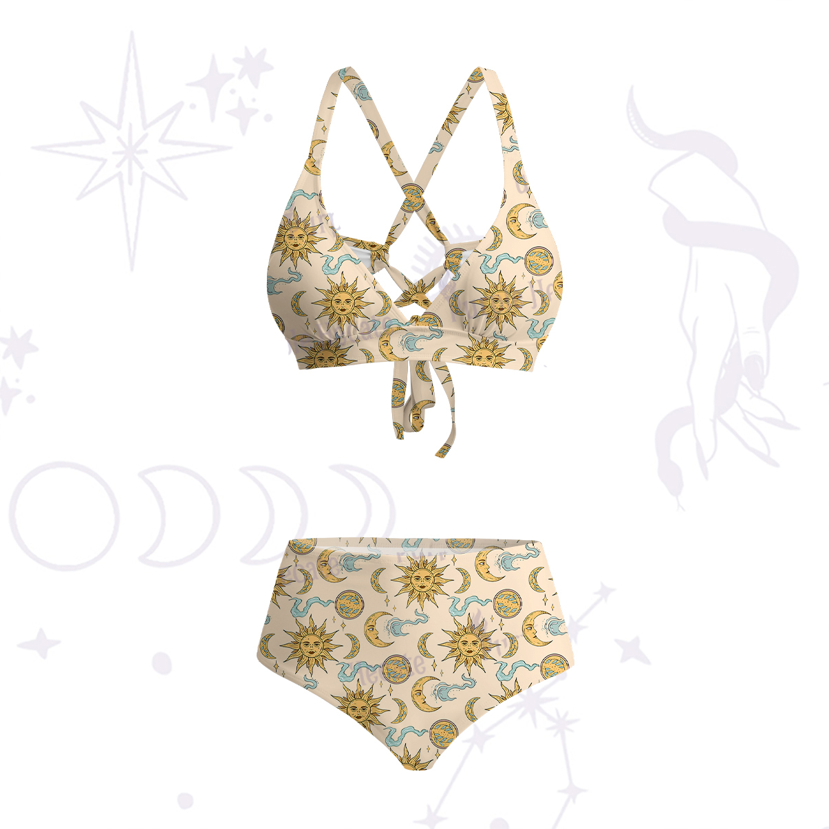 Purplehecate Magic of Sun and Moon Crisscross Tie-Back Bikini Set