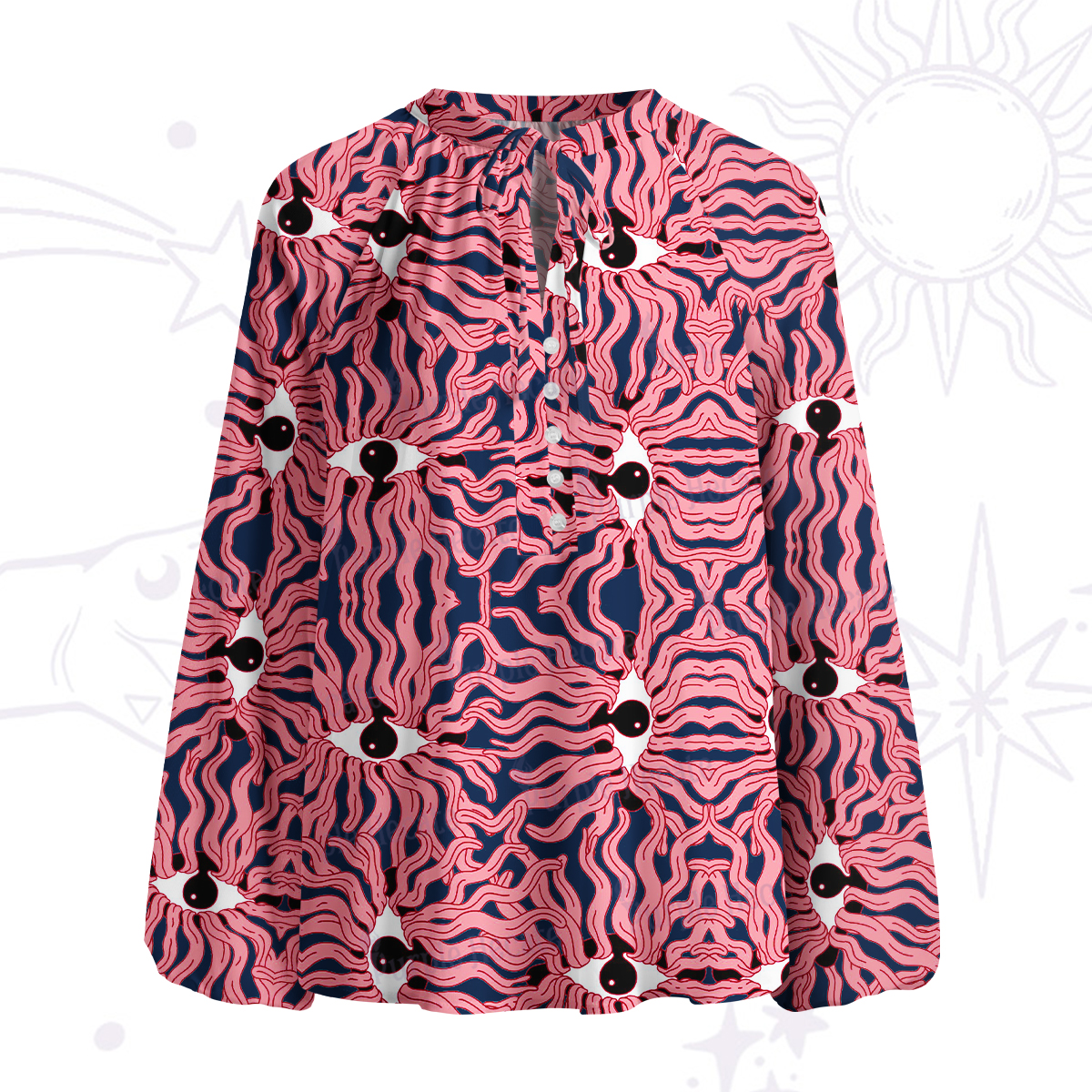 Purplehecate Psychedelic Wave Eyes Split Neck Tie Blouse